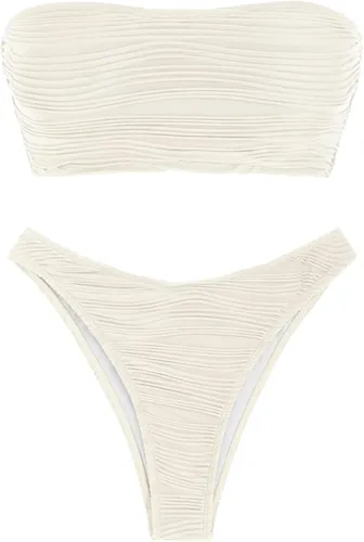 Vista 3 de ZAFUL Traje de baño bandeau de 2 piezas para mujer, conjunto de bikini bandeau acanalado con cordones sin tirantes, trajes de baño de corte alto