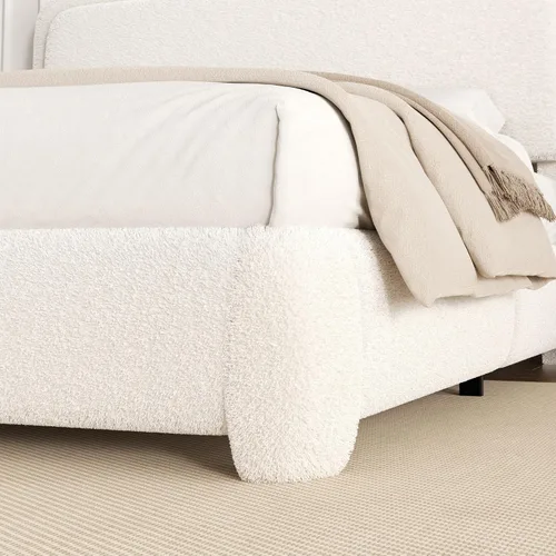 Vista 7 de Base de cama de tamaño Full con tapizado de bouclé, plataforma tapizada con cabecera, anticolisión con esquinas redondeadas suaves, no requiere