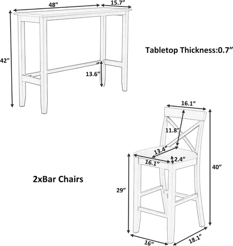 Vista 7 de P PURLOVE Juego de mesa de bar de 3 piezas, mesa de comedor de cocina rústica de altura de barra para 2, mesa de comedor rectangular con 2 sillas