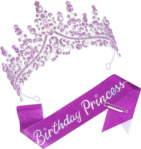 Vista 9 de CAVETEE Corona y banda de princesa de cumpleaños, corona de cumpleaños con banda de purpurina para decoraciones de fiesta de princesa, accesorios