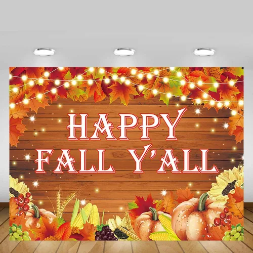 Vista 5 de MEHOFOND Cartel de fondo con texto en inglés "Happy Fall Y'all" de 7 x 5 pies, para otoño, cosecha de calabaza, fiesta de Acción de Gracias
