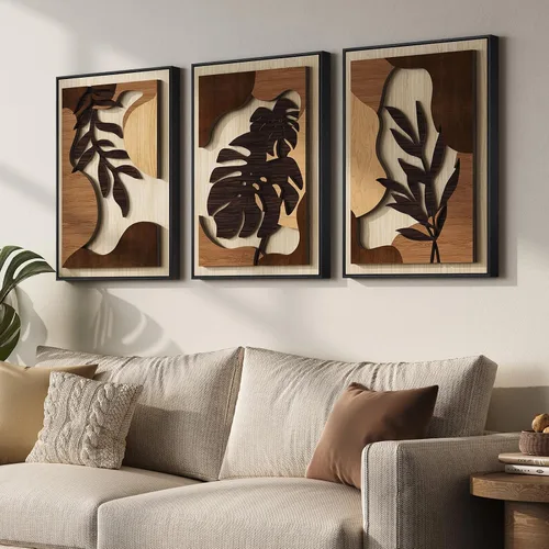 Vista 3 de Arte de pared de madera 3D con textura bohemia 3D para dormitorio, 3 piezas de arte de madera tallada botánica tropical para paredes, hoja de Marrón