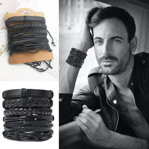 Vista 3 de SONNYX 44 pulseras de cuero trenzado para hombres y mujeres, pulseras tejidas de cáñamo, cuentas de madera, pulseras étnicas tribales, pulseras