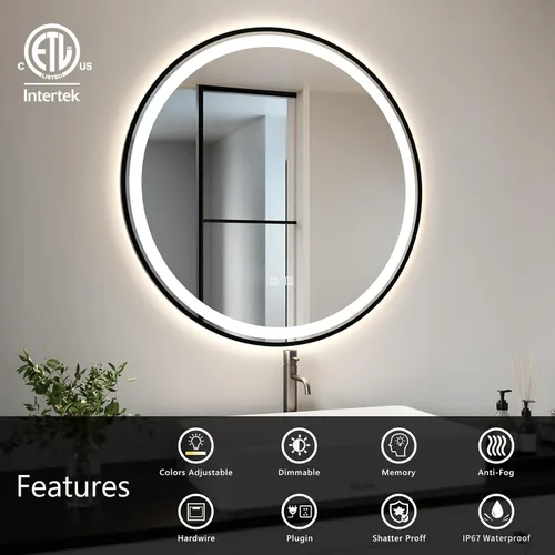 Vista 2 de ROOMTEC Espejo de baño LED redondo de 28 pulgadas con luces, espejo de tocador circular con parte delantera y retroiluminada, marco de aluminio
