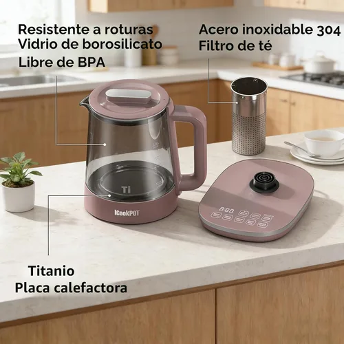 Vista 4 de Hervidor eléctrico de vidrio caliente de titanio de 1500 W con infusor y control de temperatura, hervidor de té de 1.5 L de ebullición rápida Marrón