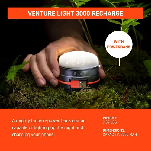 Vista 3 de S.O.L. Venture 3000 Luz LED recargable para acampar con banco de energía