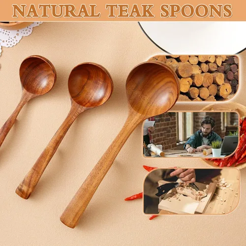 Vista 3 de Cucharón de madera para sopa, cucharas de madera de teca natural de 3 tamaños para cocinar, cuchara de madera antiadherente, cucharas de madera