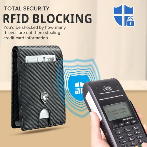 Vista 6 de GSOIAX Billetera delgada para hombre con bloqueo RFID, carteras plegables para hombre, minimalista, cuero auténtico, fibra de carbono, clip