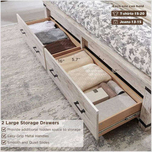 Vista 5 de RedLemon - Marco de cama de estilo granja Queen con cabecera geométrica de 137 cm de altura, cama de plataforma de madera rústica con 2 cajones