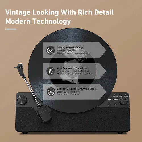 Vista 3 de Tocadiscos Automático Vertical Bluetooth, MYKESONIC Tocadiscos de Vinilo con Transmisión por Correa, Cartucho Magnético AT-3600L, Entrada y Salida