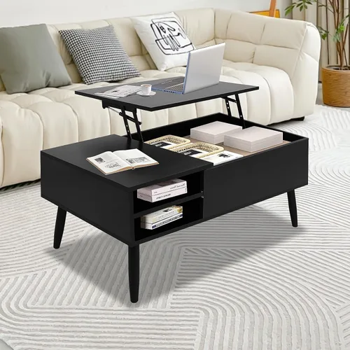 Vista 13 de BLKMTY Mesa auxiliar con mesa elevadora, mesa auxiliar multifuncional con compartimento oculto y estante de almacenamiento, mesa de centro de madera