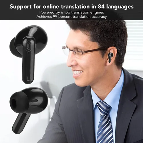 Vista 2 de Sanpyl Audífonos traductores de idiomas, 84 idiomas, 5 modos de traducción, traducción simultánea Bluetooth 5.1 en tiempo real, traductor Bluetooth