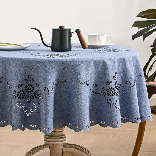 Vista 7 de Wracra Mantel redondo de macramé impermeable, estilo lino de granja, resistente a las arrugas, lavable, para interiores y exteriores