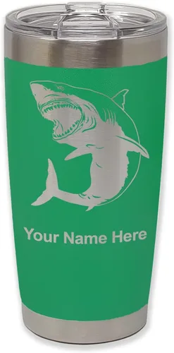 Vista 37 de LaserGram Vaso aislado al vacío de 20 onzas, gran tiburón blanco, grabado personalizado incluido (negro)