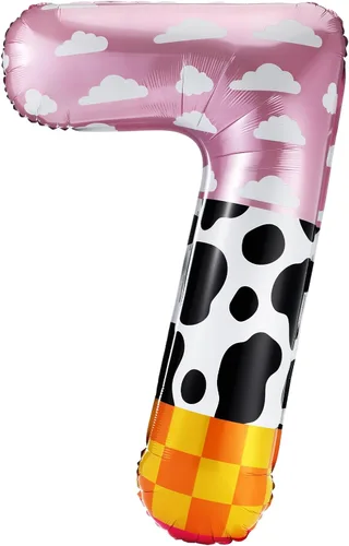 Vista 13 de Globo número 0 de 40 pulgadas con nubes rosadas, diseño de tatuajes, globos de papel de aluminio de números grandes para fiesta temática de granja