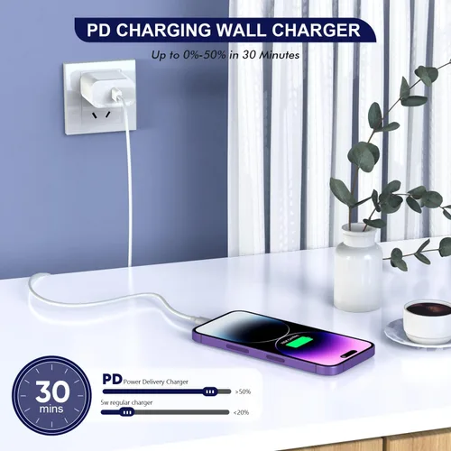 Vista 3 de Cordón de carga para iPhone de 6 pies, paquete de 3 【certificado Apple MFi】 USB C cargador rápido para iPhone, cargador de viaje, bloque de carga