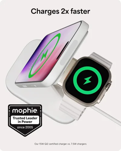 Vista 2 de Mophie Soporte de carga inalámbrico 2 en 1, certificado Qi2, cargador MagSafe para iPhone y Apple Watch, estación de carga rápida con soporte