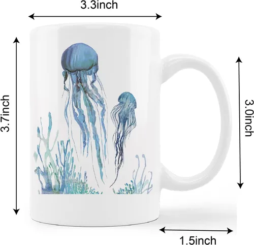 Vista 5 de kunlisa Taza de cerámica de medusas de acuarela, taza de cerámica para parejas de medusas de vida marina, taza de té con leche de 11 onzas, regalos