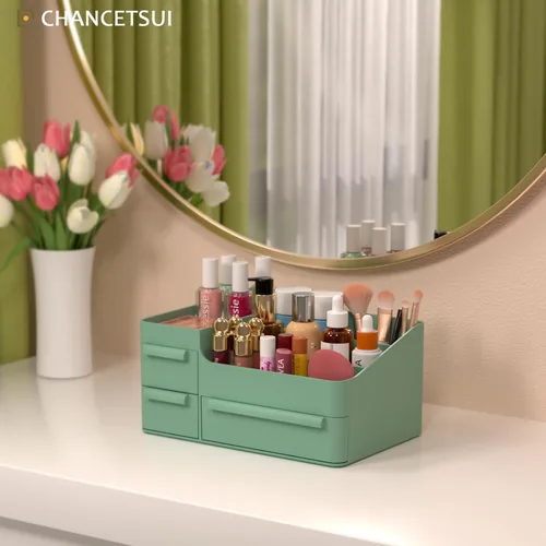 Vista 2 de CHANCETSUI Organizador de maquillaje con cajones, organizador de encimera para cosméticos, soporte de tocador para lápiz labial, pinceles, lociones
