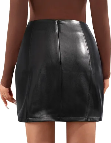 Vista 4 de MANGOPOP Womens High Waist Bodycon Mini Short Faux Leather Skirt with Slit