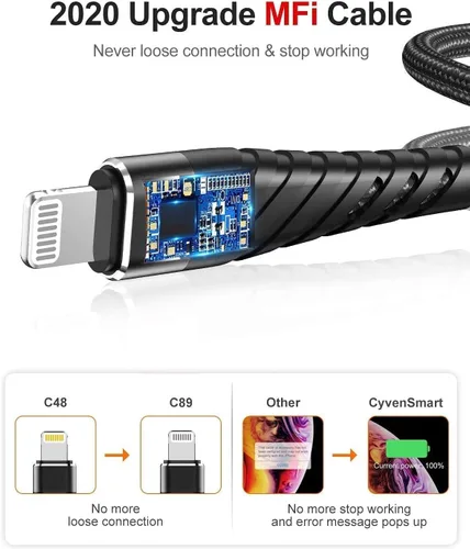 Vista 4 de CyvenSmart (Paquete de 2) Cable de carga largo para iPhone de 6 pies [con certificación MFi], Cable de carga rápida Lightning de 6 pies para iPhone
