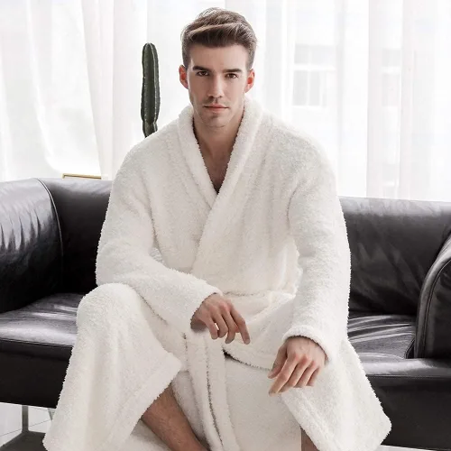 Vista 6 de 7 VEILS Albornoz largo para mujer y hombre, de microfibra, de punto, elástico, súper suave, bata de descanso, bata de casa