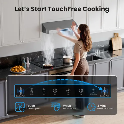 Vista 4 de VIKIO HOME Campana Extractora de 30 Pulgadas Debajo del Gabinete, Campana de Cocina con 980 CFM, Sensor de Gestos de 3 Velocidades y Panel