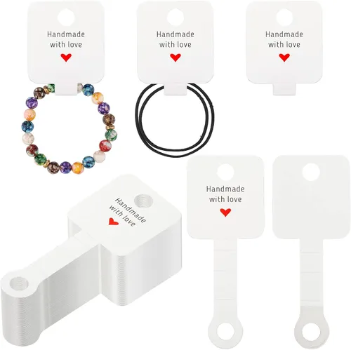 Vista 8 de joycraft 100 tarjetas autoadhesivas para pulseras, papel kraft hecho a mano con tarjetas en blanco de amor, embalaje de joyería para vender