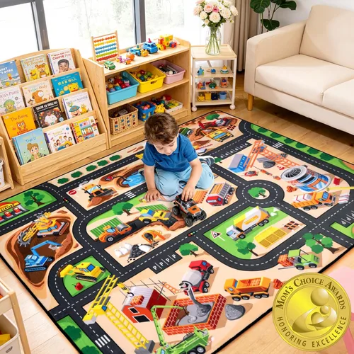 Vista 9 de Alfombra de carretera para niños de 3 x 5 pies, alfombra de juego de coche de ciudad costera para autos de juguete, alfombra educativa de mapa