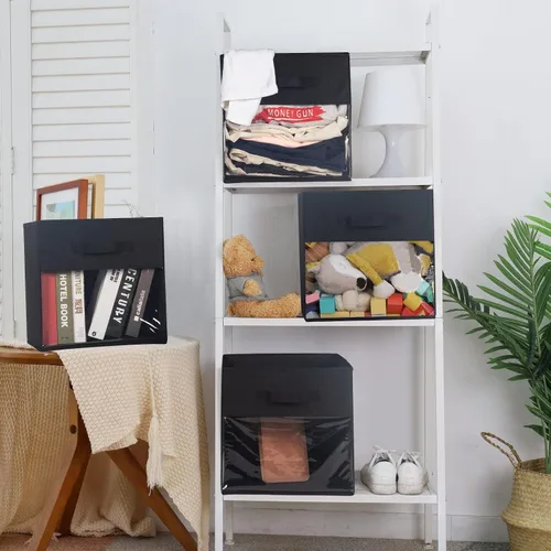 Vista 4 de Paquete de 4 cubos de almacenamiento con ventana transparente, cajas grandes con asas, organizador de armario de tela, 13 x 13 x 13 pulgadas