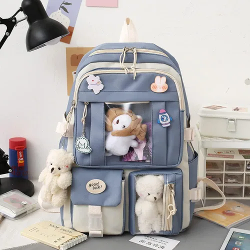 Vista 3 de Mochila Kawaii con colgantes y alfileres Kawaii, juego de 5 piezas, mochila kawaii para adolescentes y niñas, mochila escolar, Azul, Mochilas