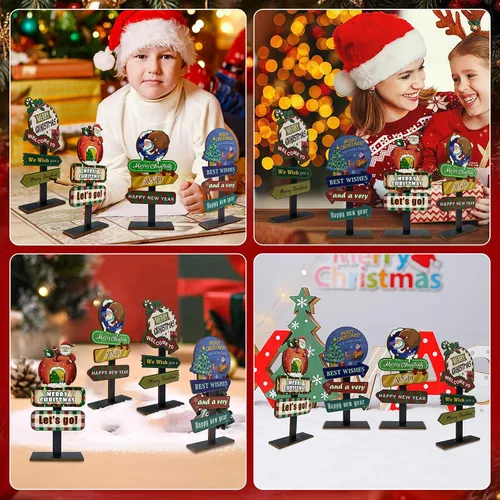 Vista 3 de Decoraciones de mesa de Navidad, 4 tableros rectangulares de madera, estilo rústico de granja, policromo, 8.86 x 4.72 pulgadas, montaje en pared