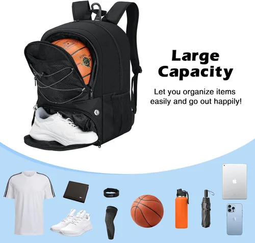 Vista 2 de MoKo Mochila de baloncesto con gancho, mochila grande de voleibol y fútbol, bolsa de gimnasio con compartimentos separados para pelotas y zapatos
