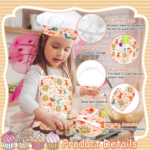 Vista 4 de KAEGREEL Juego de chef para hornear para niños con delantal de unicornio y manopla, 26 juguetes de cocina para niños, juego de cocina con sombrero