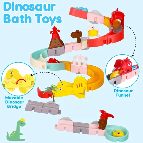 Vista 4 de Juguetes de Baño de Dinosaurios para Niños de 1-3 y 4-8 años, 43 PIEZAS Pistas de Toboganes de Agua DIY con 3 Bañeras de Baño para Niños Pequeños