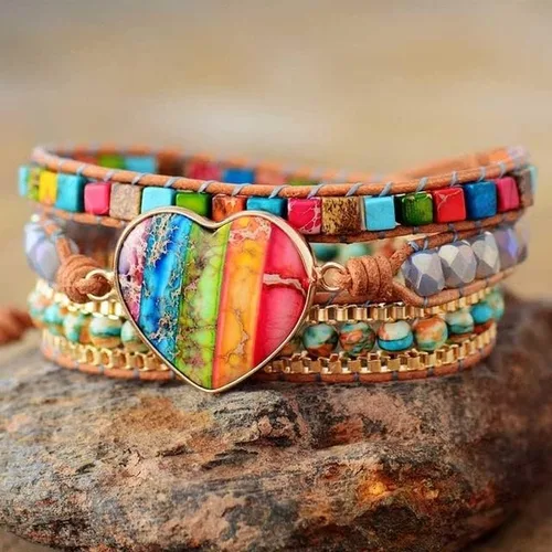 Vista 7 de Pulsera de piedras preciosas de corazón natural para curación de 7 chakras, energía de meditación, protección espiritual, equilibrio de salud