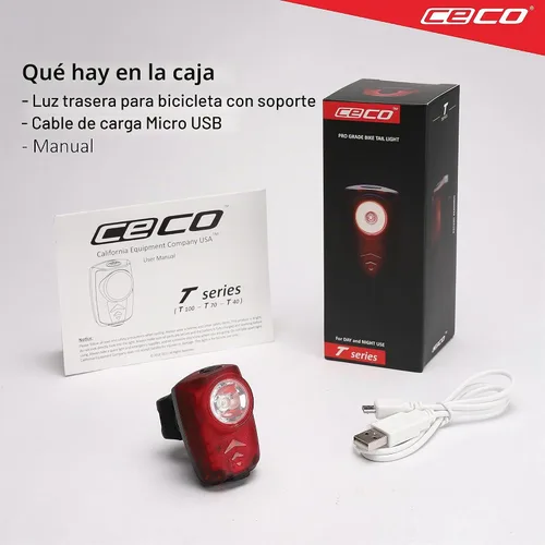 Vista 6 de CECO Luz trasera de bicicleta recargable USB súper brillante de 100 lúmenes, IP67 impermeable, FL-1 resistente a los impactos, calidad de grado