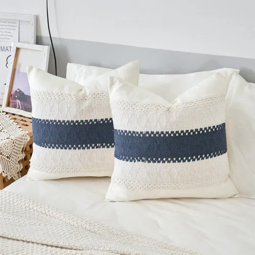 Vista 4 de 1 funda de almohada para sala de estar, algodón y arpillera, estilo bohemio decorativo para el hogar (beige y azul, 16 x 16 pulgadas)