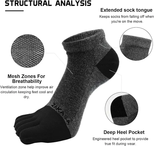 Vista 2 de Toe Socks for Men Five Finger Cotton Athletic Crew Socks No Show Breathable Running Ankle Socks 5 Pairs Size 8-12