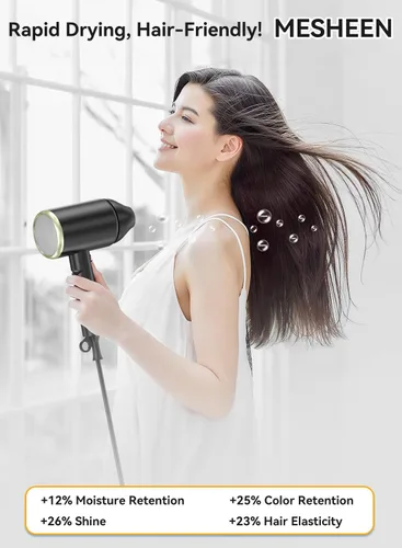 Vista 2 de Secador de pelo, secador iónico de 150000 rpm, secado rápido, bajo ruido, plegable portátil con difusor y boquilla, mini compacto para mujeres