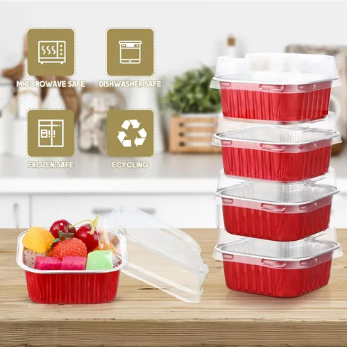 Vista 2 de Mimorou 100 piezas de mini tazas cuadradas rojas para hornear con tapas, papel de aluminio de 5 onzas, moldes desechables para magdalenas, postres