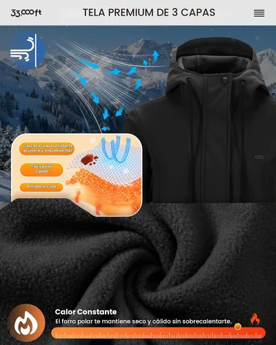 Vista 6 de 33,000ft Chaqueta larga Softshell para mujer con capucha, forro polar, resistente al viento, cálida, impermeable, rompevientos Negro