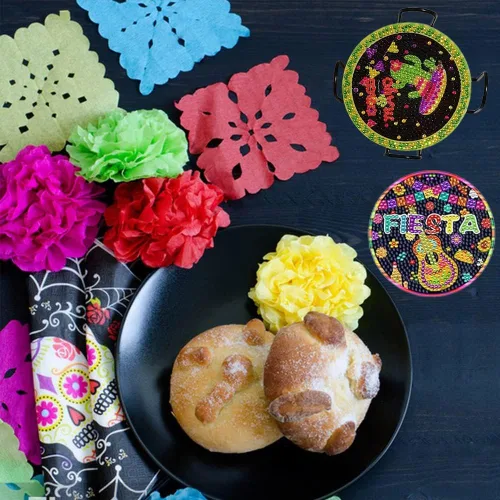 Vista 6 de Juego de 8 posavasos de pintura de diamantes con temática mexicana, posavasos de diamante para fiesta del Cinco de Mayo con soporte para adultos