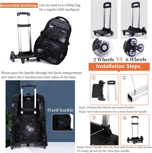 Vista 4 de Mochilas con ruedas para niños, equipaje para niños, bolsas con ruedas para niños, bolsas escolares, bolsas espaciales, cielo estrellado, bolsa