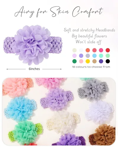 Vista 3 de 18 diademas de gasa con flores suaves y elásticas para el cabello, accesorios para el cabello + 40 lazos para el cabello con cinta de grogrén