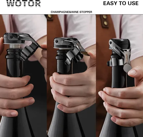 Vista 3 de WOTOR Tapones para botella de vino y champán de acero inoxidable con silicona de grado alimenticio, a prueba de fugas, se mantienen frescos
