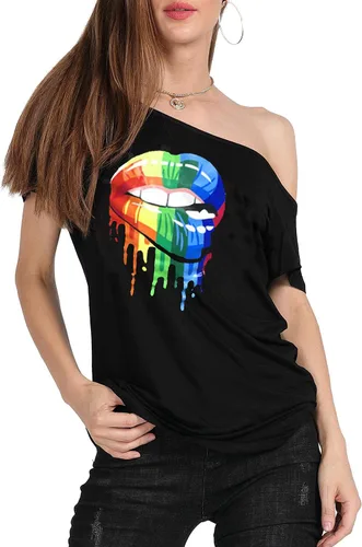 Vista 3 de MAGICMK - Camiseta casual para mujer, con estampado de labios y hombro descubierto, talla extragrande