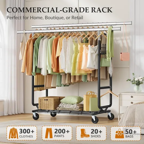 Vista 5 de Gewudraw Estante de ropa resistente con carga de 900 libras, estante comercial de doble barra con ruedas y estantes resistentes, estante colgante
