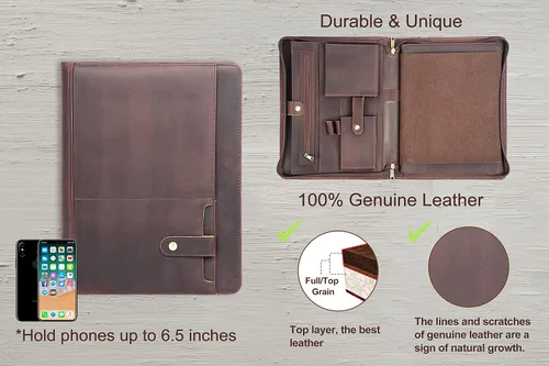 Vista 2 de AZXCG Portafolio de cuero para hombre, hecho a mano, con cremallera, organizador de documentos de negocios para cuaderno tamaño carta A4, funda