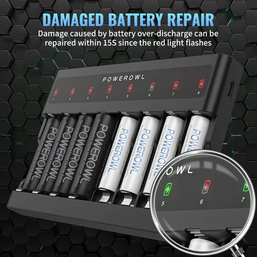 Vista 4 de POWEROWL Baterías AAA recargables de alta capacidad PRO con cargador de batería AA AAA 8 bahía